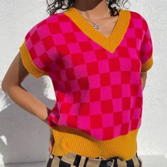 Lisa Says Gah – FANGIO Sweater Vest – Size M/L Red and Pink Checkered EUC - Picture 2 of 3